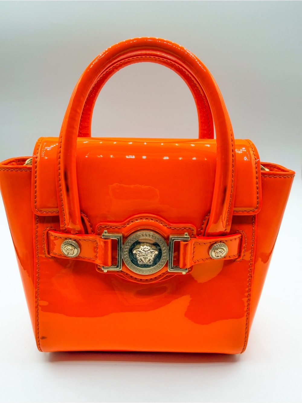 Versace Patent Orange Mini Top-Handle Medusa 2-Way
